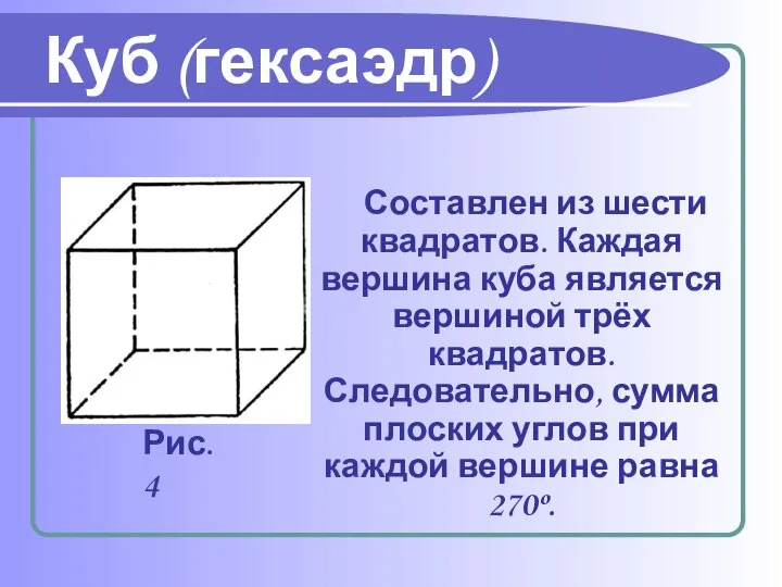 Составлен из шести квадратов. Каждая вершина куба является вершиной трёх квадратов.