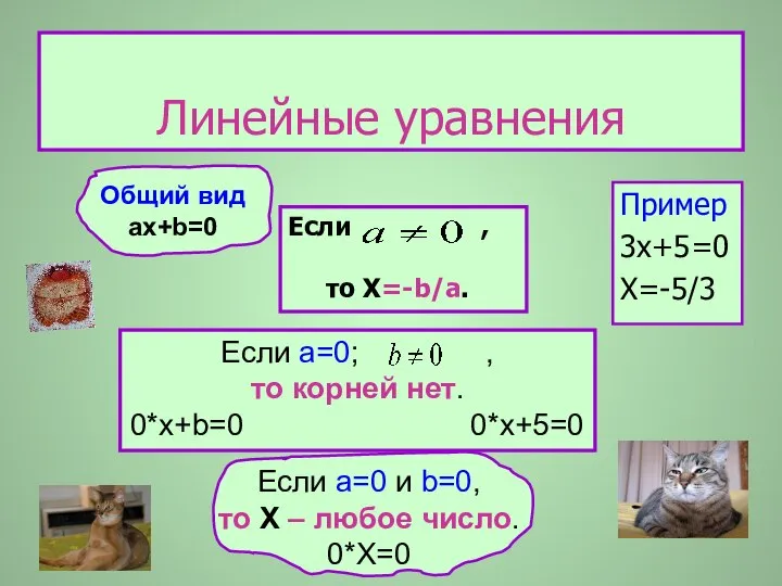 Линейные уравнения Пример 3x+5=0 X=-5/3 Если а=0; , то корней нет.