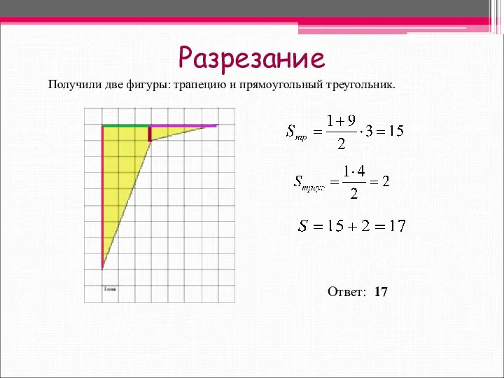 Разрезание Получили две фигуры: трапецию и прямоугольный треугольник. Ответ: 17