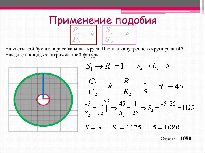 Применение подобия На клетчатой бумаге нарисованы два круга. Площадь внутреннего круга