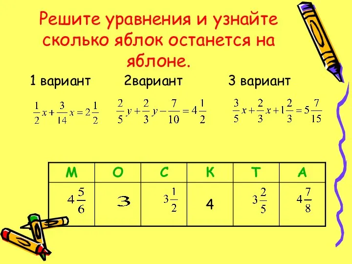 Решите уравнения и узнайте сколько яблок останется на яблоне. 1 вариант 2вариант 3 вариант