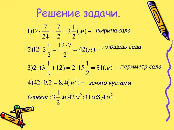 Решение задачи. ширина сада площадь сада периметр сада занято кустами