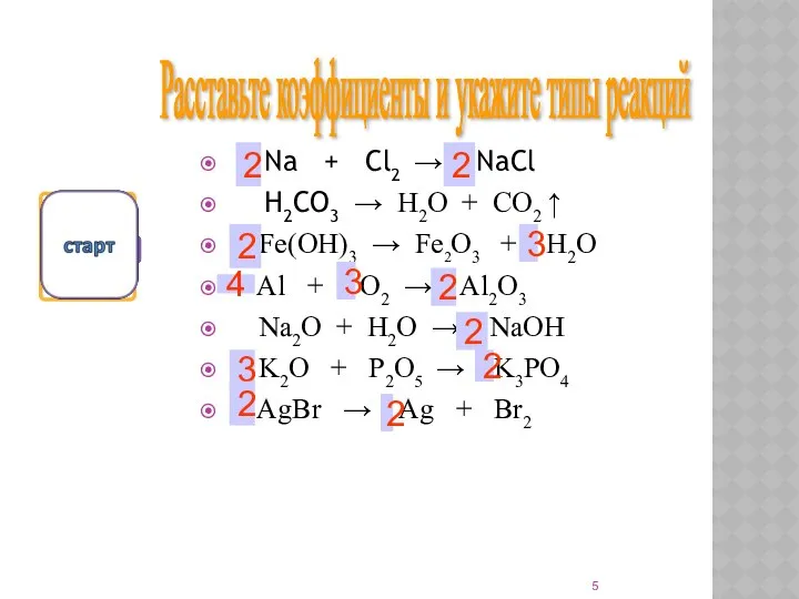 Na + Cl2 → NaCl H2CO3 → H2O + CO2 ↑