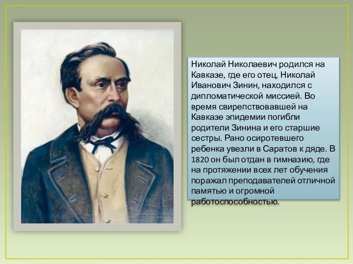 Николай Николаевич родился на Кавказе, где его отец, Николай Иванович Зинин,