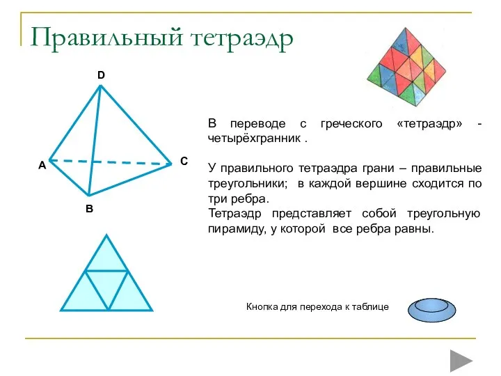 Правильный тетраэдр C В переводе с греческого «тетраэдр» - четырёхгранник .