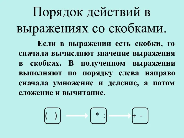 Порядок действий в выражениях со скобками. Если в выражении есть скобки,