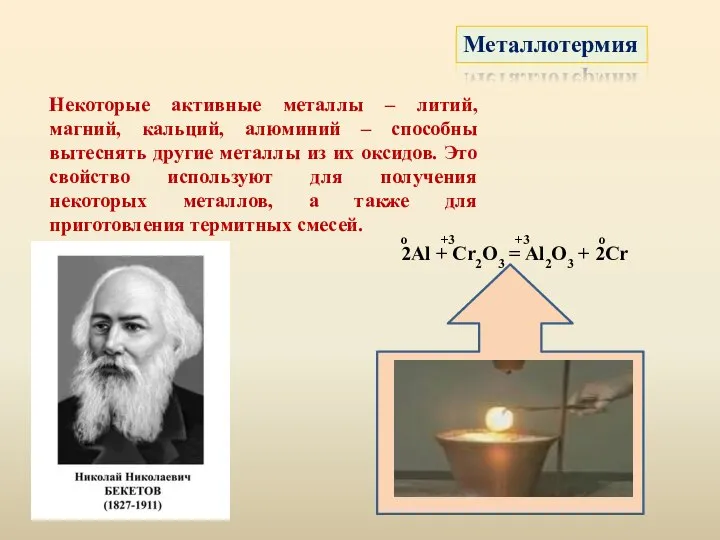 Металлотермия Некоторые активные металлы – литий, магний, кальций, алюминий – способны