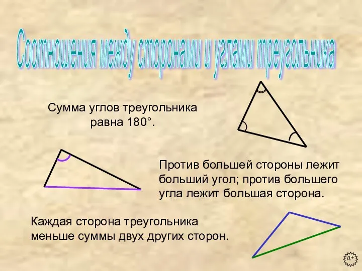 Соотношения между сторонами и углами треугольника Сумма углов треугольника равна 180°.