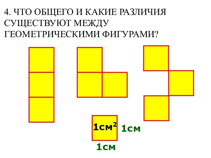 4. ЧТО ОБЩЕГО И КАКИЕ РАЗЛИЧИЯ СУЩЕСТВУЮТ МЕЖДУ ГЕОМЕТРИЧЕСКИМИ ФИГУРАМИ? 1см 1см 1см2