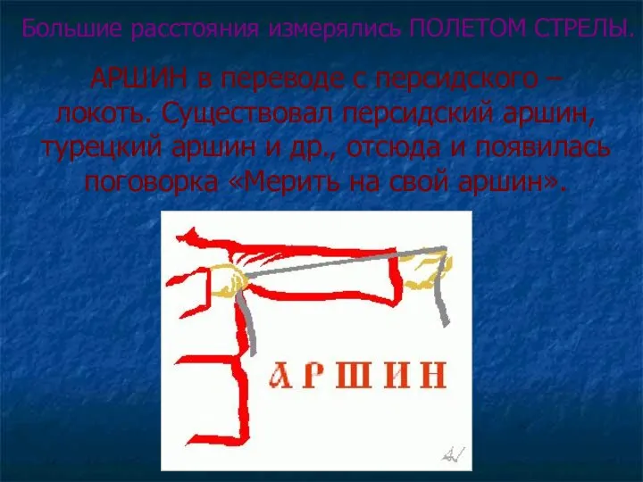 АРШИН в переводе с персидского – локоть. Существовал персидский аршин, турецкий