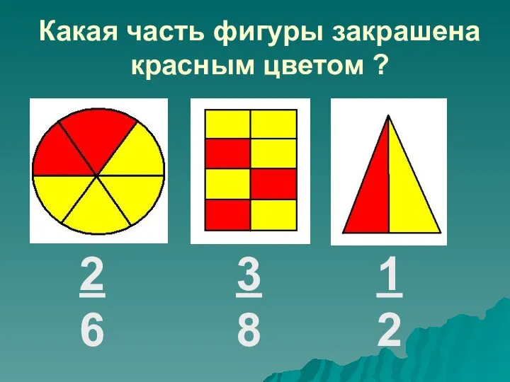 Какая часть фигуры закрашена красным цветом ? 2 6 3 8 1 2