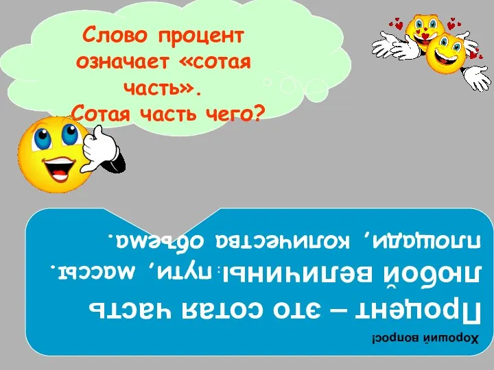 Слово процент означает «сотая часть». Сотая часть чего? Хороший вопрос! Процент