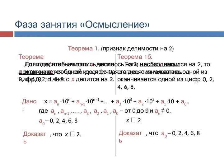 Теорема 1а. Теорема 1б. х = аn ·10n + аn-1·10n -1