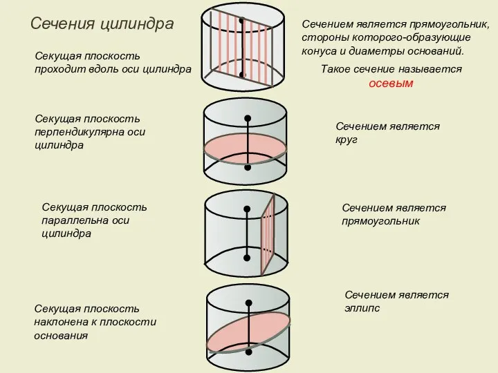 Секущая плоскость проходит вдоль оси цилиндра Сечением является прямоугольник, стороны которого-образующие