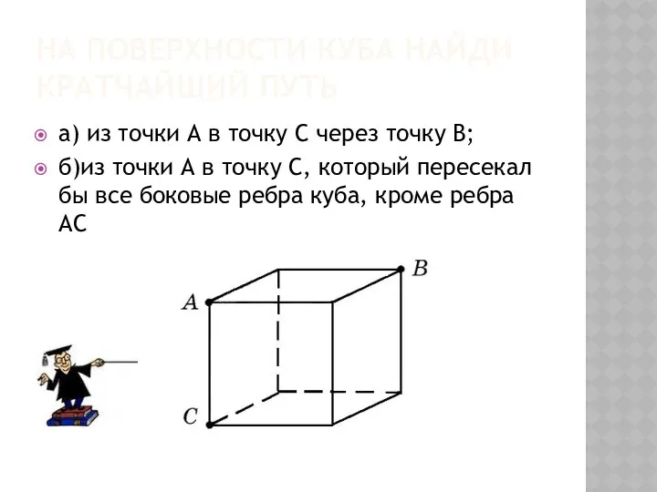 НА ПОВЕРХНОСТИ КУБА НАЙДИ КРАТЧАЙШИЙ ПУТЬ а) из точки А в