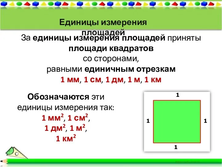 Единицы измерения площадей За единицы измерения площадей приняты площади квадратов со