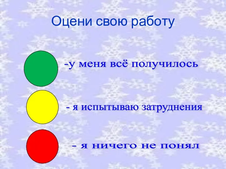 Оцени свою работу -у меня всё получилось - я испытываю затруднения - я ничего не понял