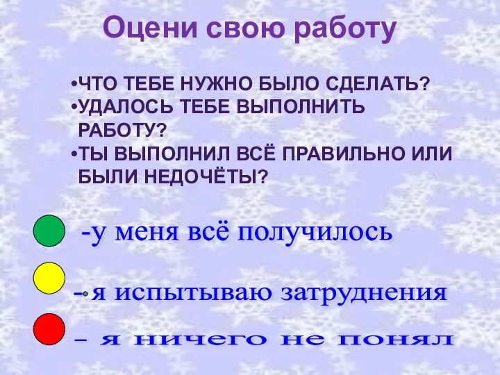 Оцени свою работу -у меня всё получилось - я испытываю затруднения