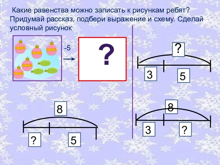 -5 Какие равенства можно записать к рисункам ребят? Придумай рассказ, подбери