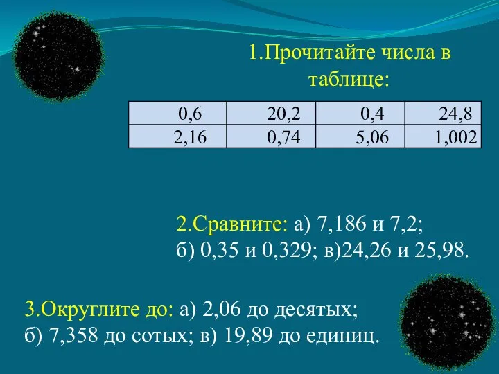 1.Прочитайте числа в таблице: 2.Сравните: а) 7,186 и 7,2; б) 0,35