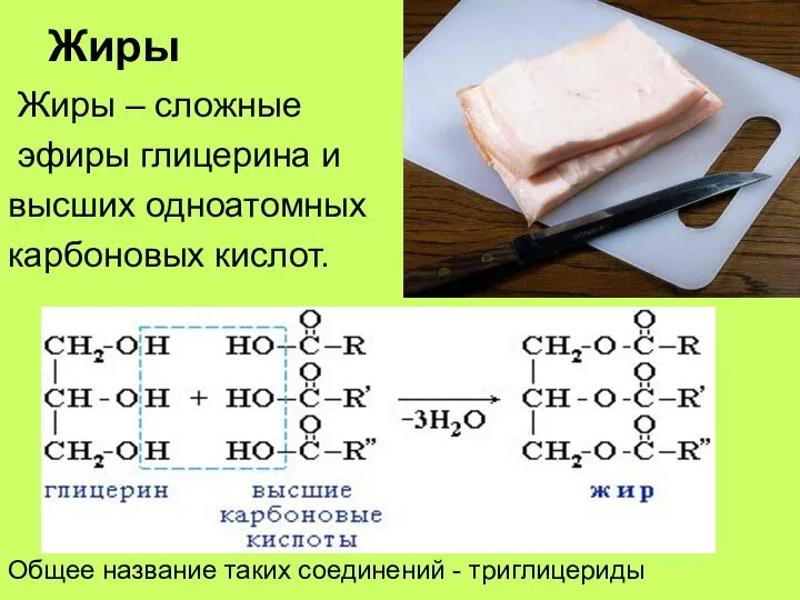 Жиры Жиры – сложные эфиры глицерина и высших одноатомных карбоновых кислот.