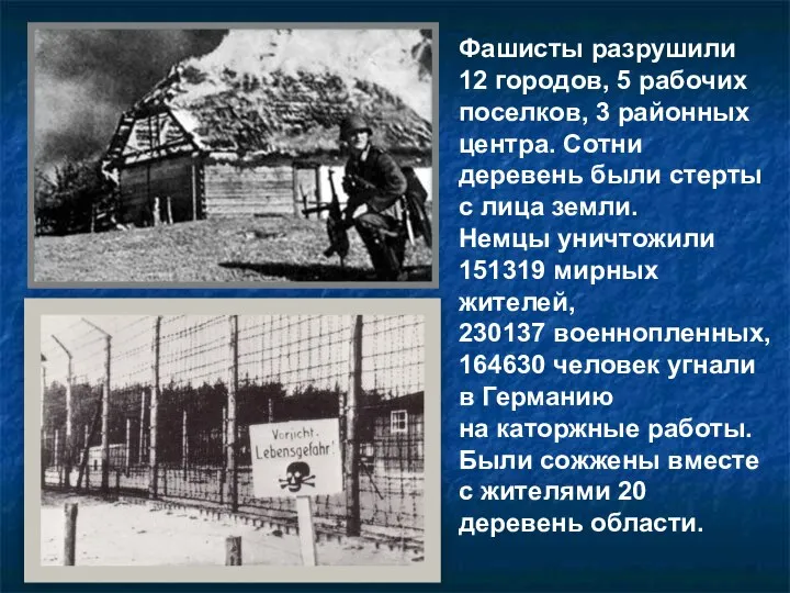 Фашисты разрушили 12 городов, 5 рабочих поселков, 3 районных центра. Сотни