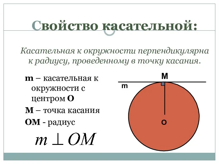 Свойство касательной: Касательная к окружности перпендикулярна к радиусу, проведенному в точку