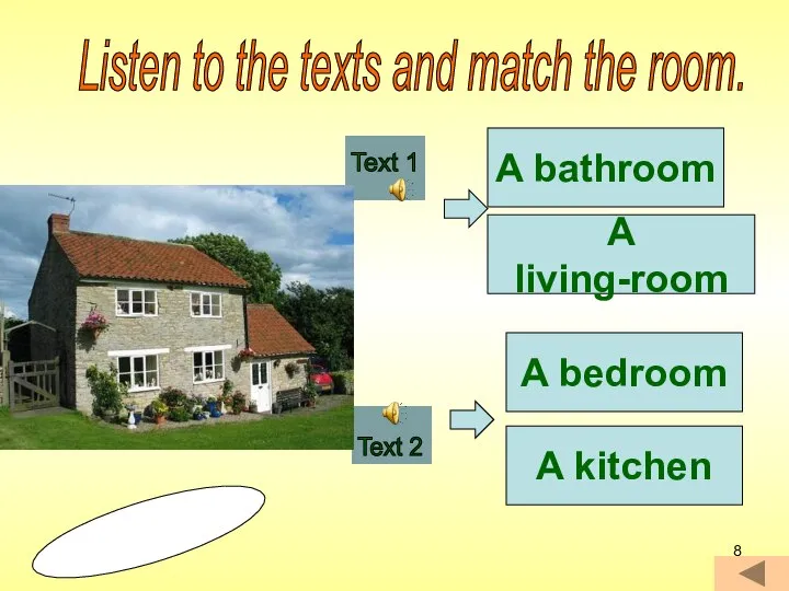 A living-room A bedroom A bathroom A kitchen Listen to the texts and match the room.