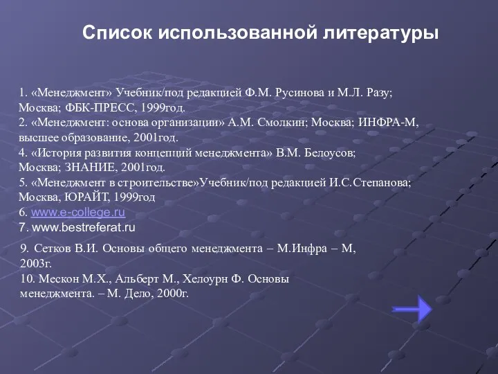 Список использованной литературы 1. «Менеджмент» Учебник/под редакцией Ф.М. Русинова и М.Л.