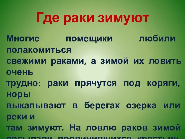 Где раки зимуют Многие помещики любили полакомиться свежими раками, а зимой