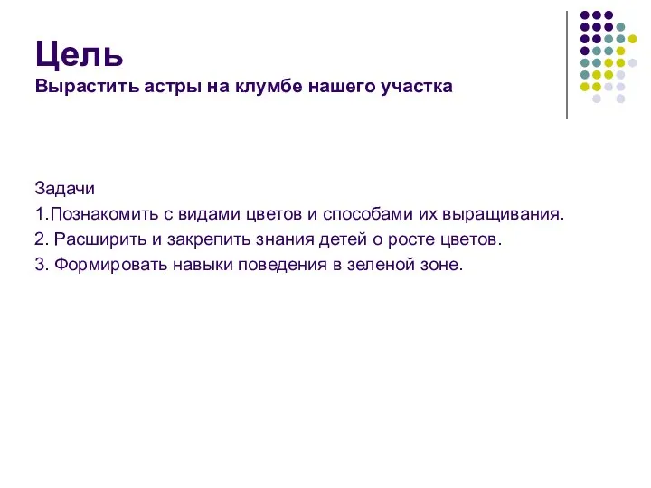 Цель Вырастить астры на клумбе нашего участка Задачи 1.Познакомить с видами