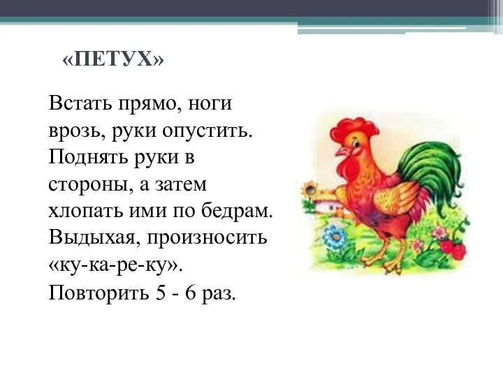 Встать прямо, ноги врозь, руки опустить. Поднять руки в стороны, а