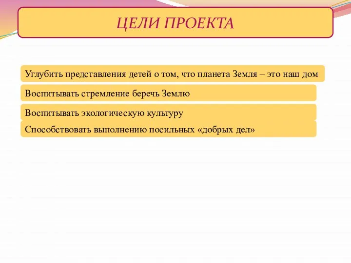 ЦЕЛИ ПРОЕКТА Углубить представления детей о том, что планета Земля –