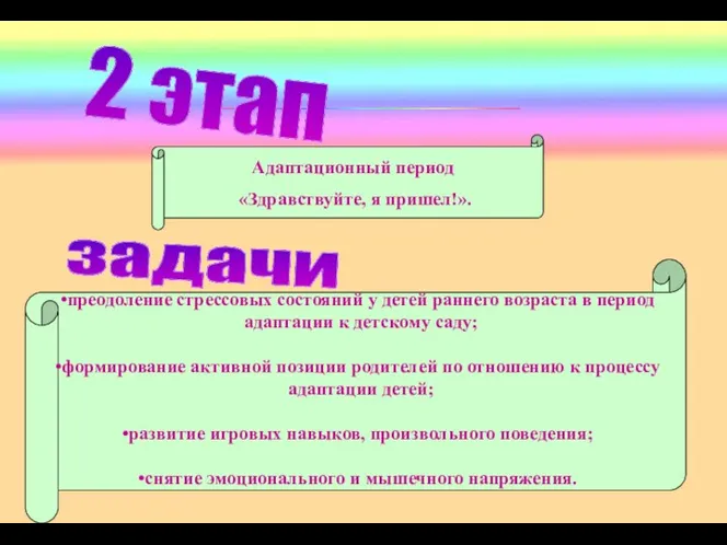 2 этап Адаптационный период «Здравствуйте, я пришел!». задачи преодоление стрессовых состояний