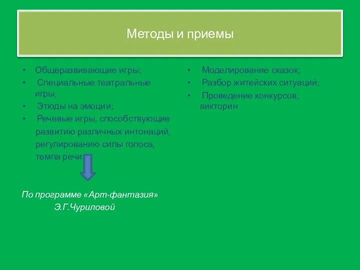 Методы и приемы Общеразвивающие игры; Специальные театральные игры; Этюды на эмоции;