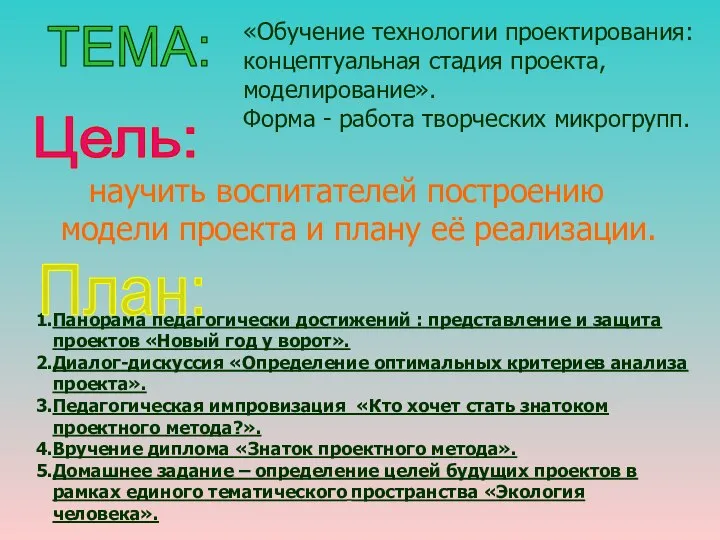 «Обучение технологии проектирования: концептуальная стадия проекта, моделирование». Форма - работа творческих