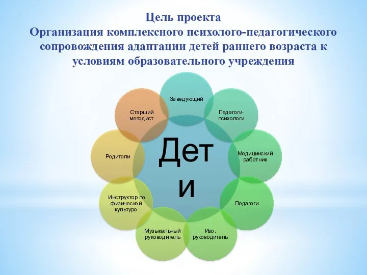 Цель проекта Организация комплексного психолого-педагогического сопровождения адаптации детей раннего возраста к условиям образовательного учреждения