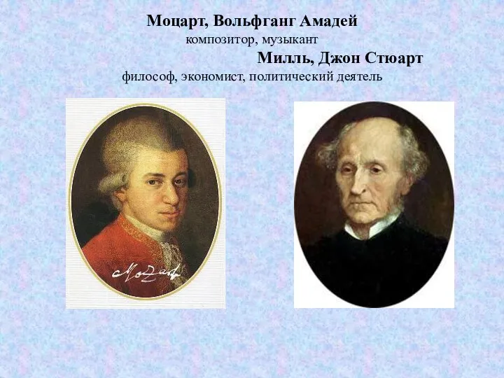 Моцарт, Вольфганг Амадей композитор, музыкант Милль, Джон Стюарт философ, экономист, политический деятель