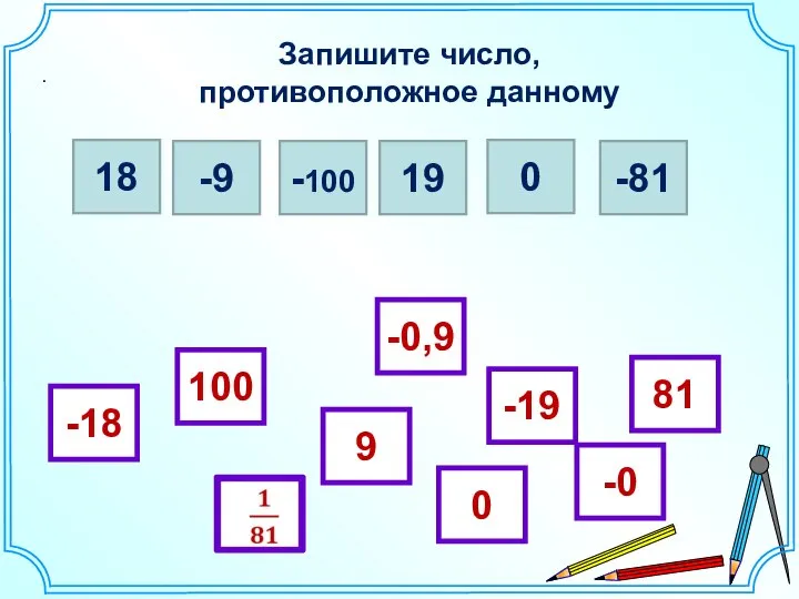 Запишите число, противоположное данному . 18 -9 -100 19 0 -81