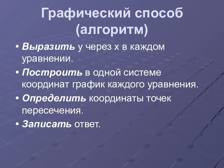 Графический способ (алгоритм) Выразить у через х в каждом уравнении. Построить