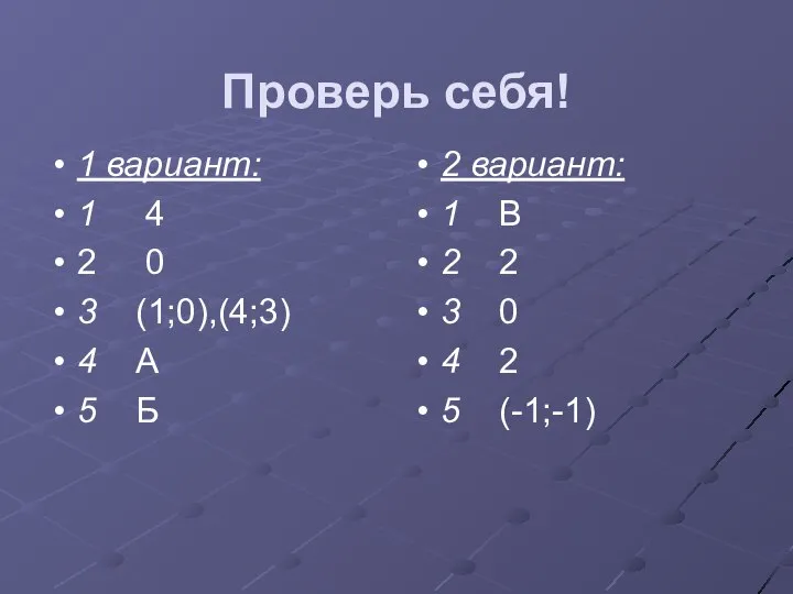 Проверь себя! 1 вариант: 1 4 2 0 3 (1;0),(4;3) 4