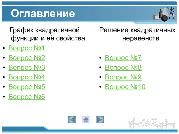 Оглавление График квадратичной функции и её свойства Вопрос №1 Вопрос №2