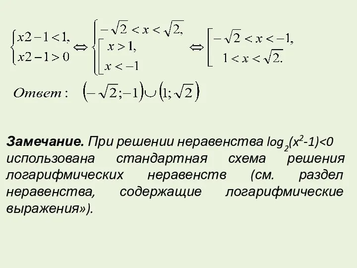 Замечание. При решении неравенства log2(x2-1) использована стандартная схема решения логарифмических неравенств