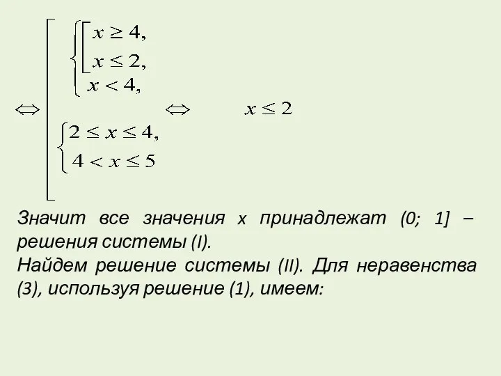 Значит все значения x принадлежат (0; 1] – решения системы (I).