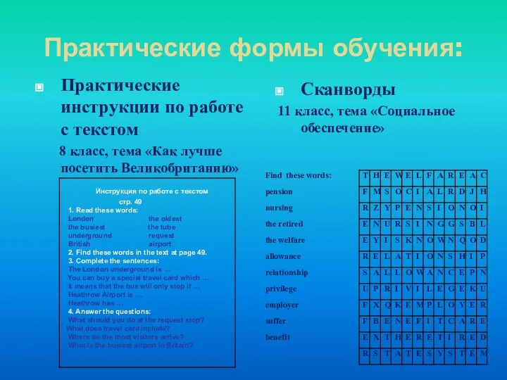 Практические формы обучения: Практические инструкции по работе с текстом 8 класс,