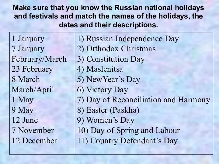 Make sure that you know the Russian national holidays and festivals