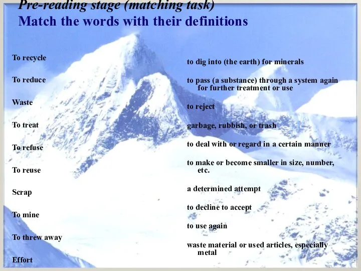 Pre-reading stage (matching task) Match the words with their definitions To