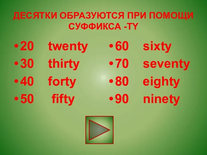 ДЕСЯТКИ ОБРАЗУЮТСЯ ПРИ ПОМОЩИ СУФФИКСА -TY 20 twenty 30 thirty 40