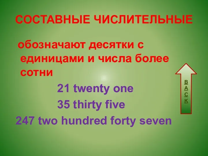 СОСТАВНЫЕ ЧИСЛИТЕЛЬНЫЕ обозначают десятки с единицами и числа более сотни 21