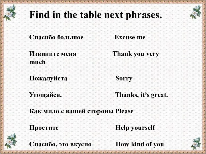 Find in the table next phrases. Спасибо большое Excuse me Извините